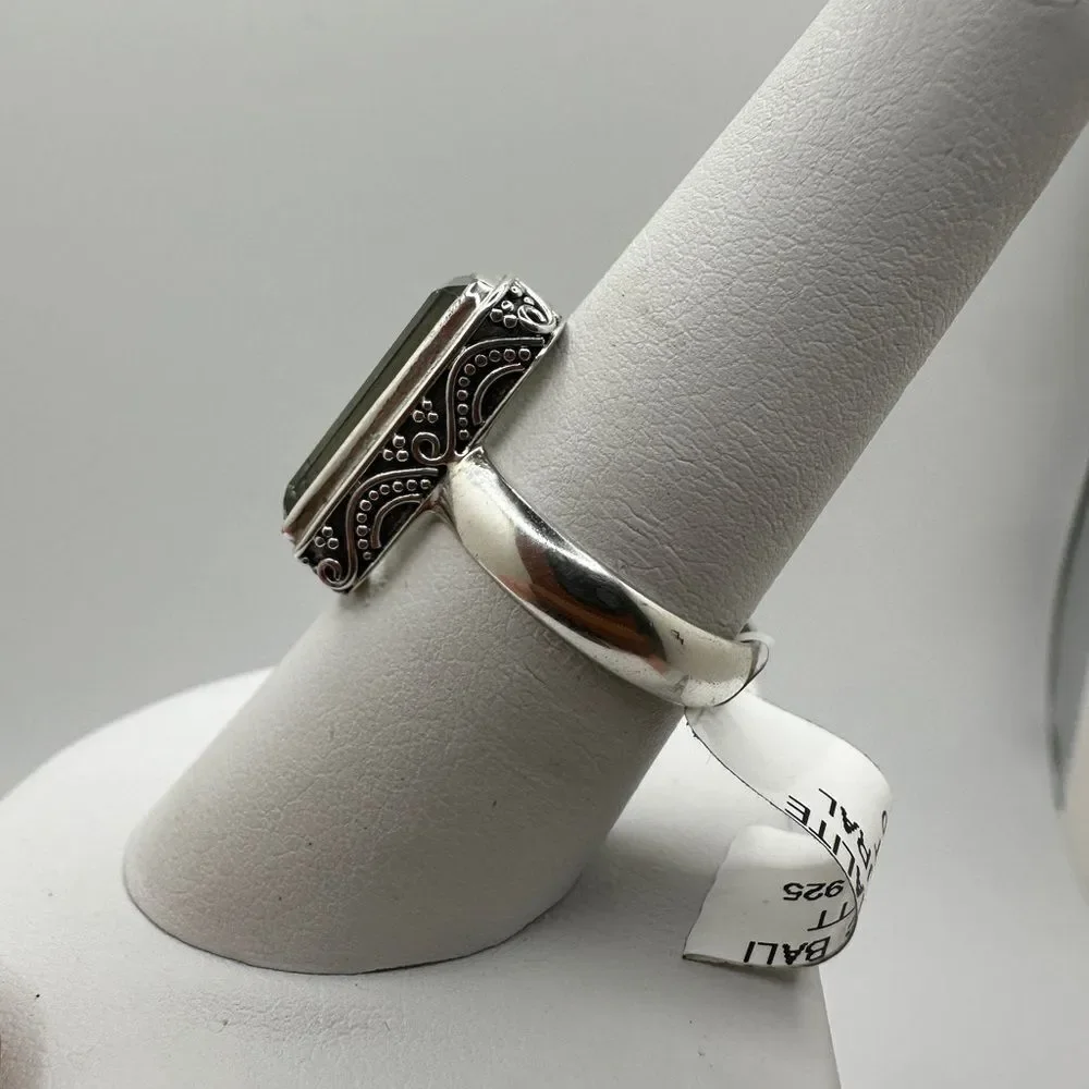 NWT 5ct emerald‎ cut Prasiolite ring in Bali sterling silver!